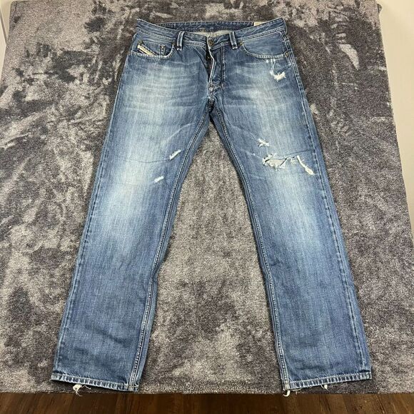 Diesel Larkee Men's 36X32 Blue Denim Jeans Whisker Distressed Button Fly 0882W - Picture 1 of 15